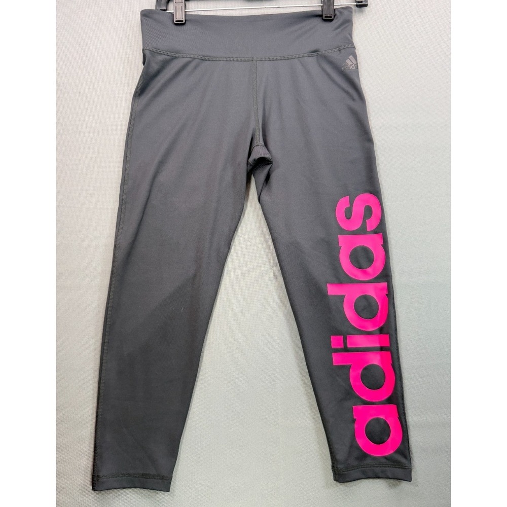 Adidas Womens Medium Climalite Crop Leggings Gray Pink Spellout Capri Pants